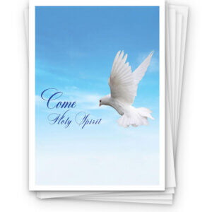 Illustrated “Come Holy Spirit” Mass card with a white dove against a blue sky, included in the Legionaries of Christ card packs.