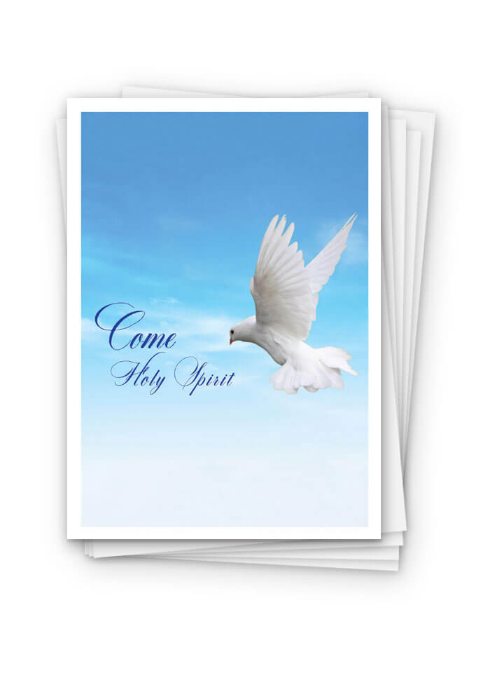 Illustrated “Come Holy Spirit” Mass card with a white dove against a blue sky, included in the Legionaries of Christ card packs.