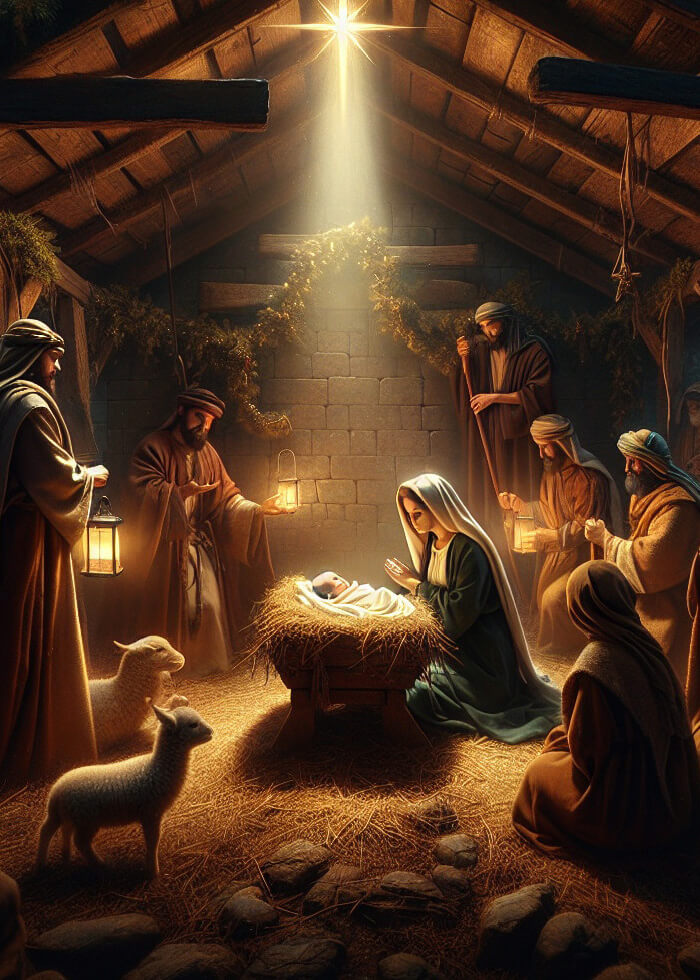 Nativity scene with baby Jesus in the manger surrounded by Mary, Joseph, shepherds, and animals – Christmas Triduum Mass Card