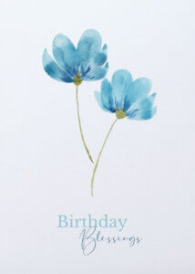 Two watercolor blue flowers with 'Birthday Blessings' text.