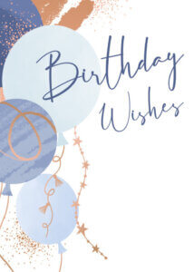 Card with blue balloons and 'Birthday Wishes' text.