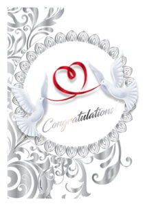 Two doves with red ribbon forming a heart, silver floral design.