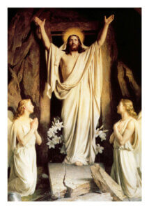 Jesus rising from the tomb with two angels beside him.