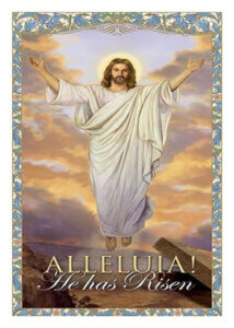 Image of Jesus rising with arms raised, clouds and light.