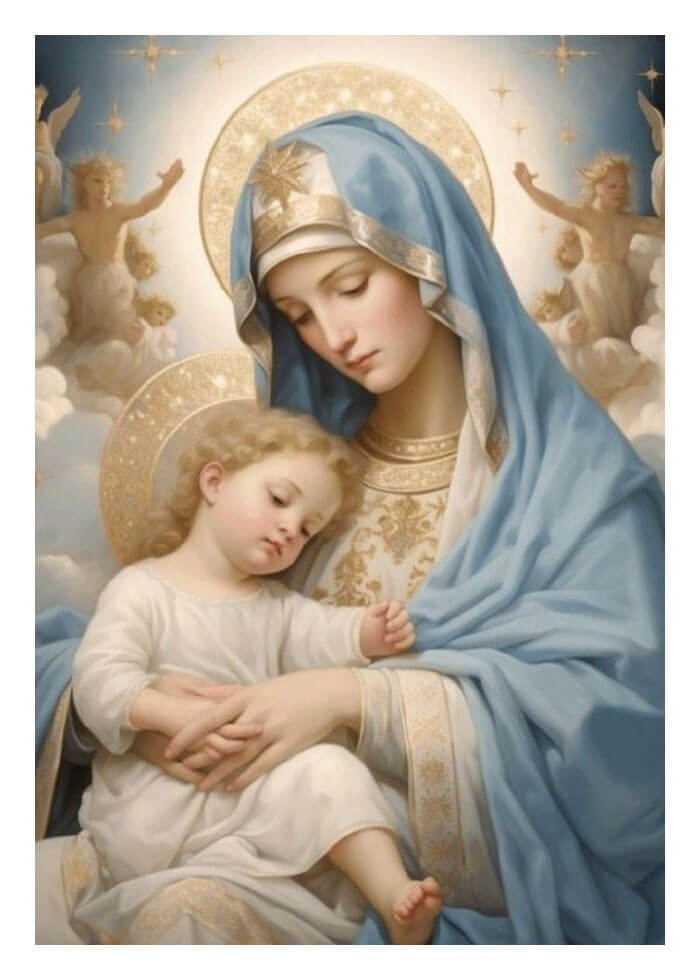Image of Mary holding baby Jesus with angels in the background.