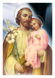 Sacred image of St. Joseph with the Child Jesus and white lilies