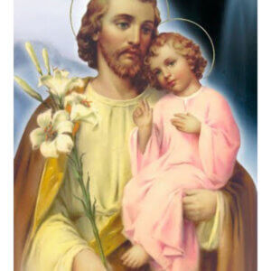 Sacred image of St. Joseph with the Child Jesus and white lilies