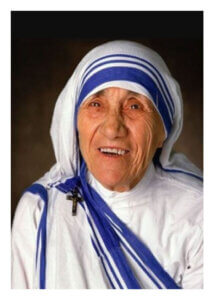 Portrait of St. Teresa of Calcutta in white and blue habit.