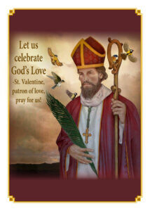 Image of St. Valentine holding a palm branch with birds around.