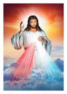Image of Jesus with rays of light from heart, clouds below.