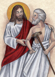 Jesus with halo walking beside a man holding a staff.