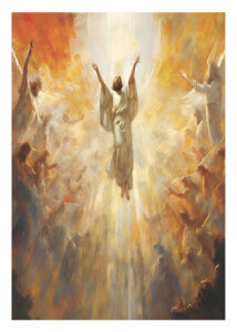Jesus ascending to heaven surrounded by angels and light.