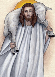 Jesus carrying a lamb on his shoulders with a halo.