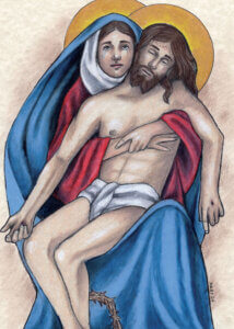 Mary holding Jesus in a tender embrace.