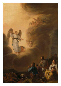 Angel appearing in clouds with people praying below.