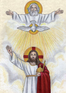 Illustration of the Holy Trinity with God, Jesus, and a dove.