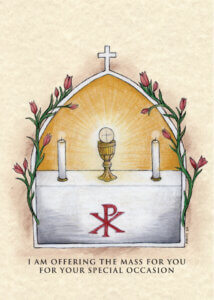 Chalice on altar with candles and cross, surrounded by flowers.