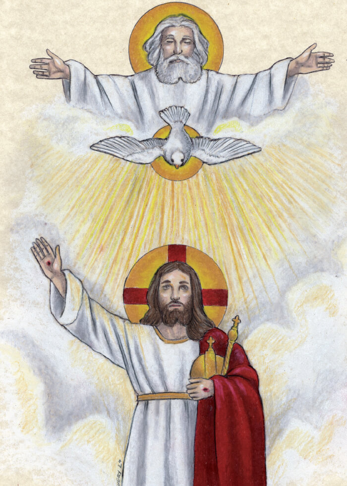 Illustration of the Holy Trinity with God, Jesus, and a dove.