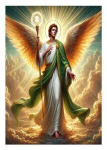 St. Raphael the Archangel with wings and a staff, surrounded by light.