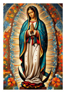 Image of Our Lady of Guadalupe with radiant halo and floral background.