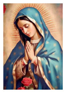 Image of Our Lady of Guadalupe in blue mantle with roses.