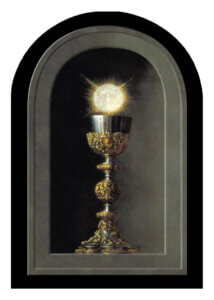 Golden chalice with radiant host on a dark background.